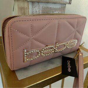 NWT Bebe rhingnestone quilted pink blush wallet